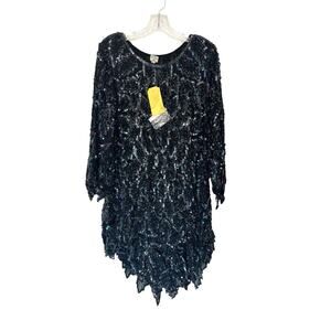 Vintage Black Silk Sequin Whimsigoth Evening Fairycore Mini Dress Size Large‎